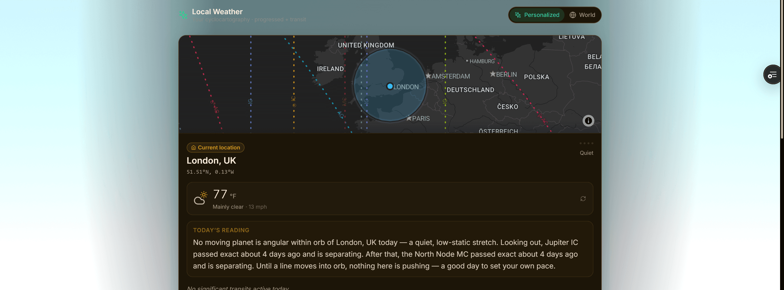 The Local Weather card on ELA Map's Conditions page for London, showing the mini-map of in-orb cyclocartography lines, current weather, and today's plain-language reading