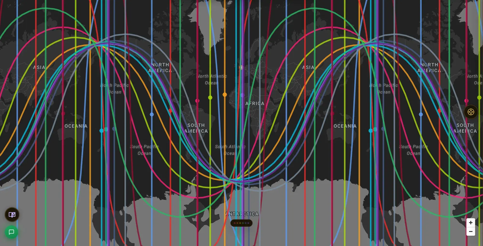 ELA Map globe with every planet's astrocartography lines drawn across the world for a single birth chart, each body a distinct color tracing its AC, DC, MC, and IC angles