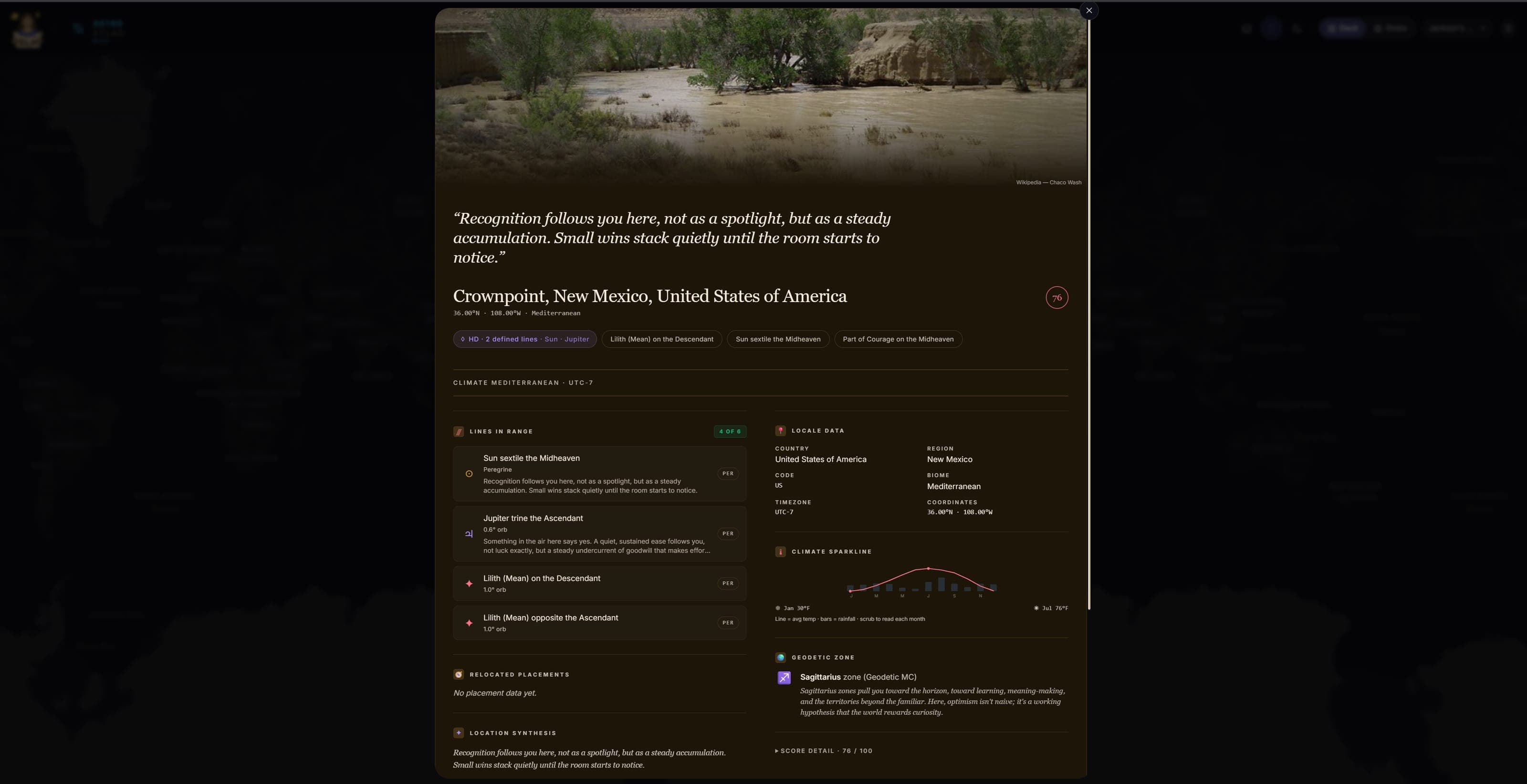 Discover: a location deep-dive with the lines in range, locale data, and a written synthesis