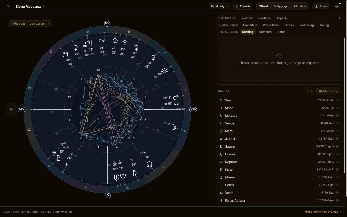 The Chart Lab: a full-screen natal wheel with the aspect web and a bodies list beside it