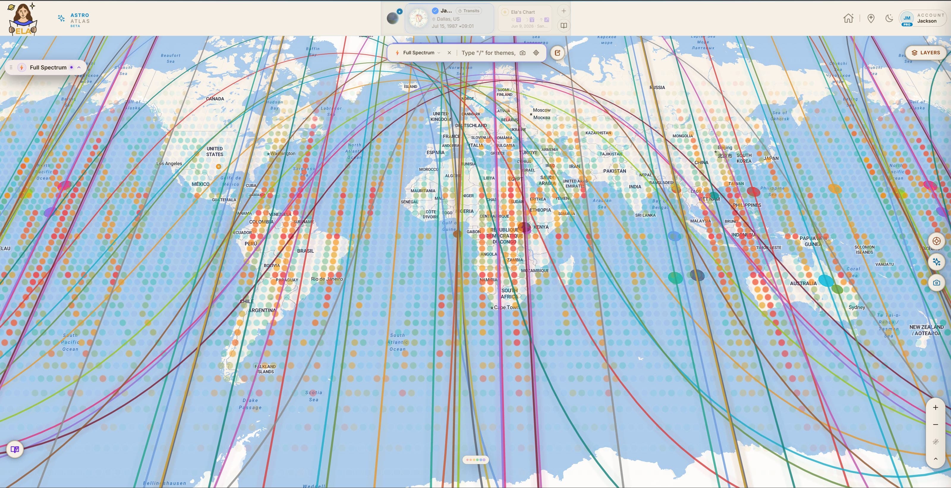 The ELA Map app: astrocartography lines for all planets drawn across an interactive world map