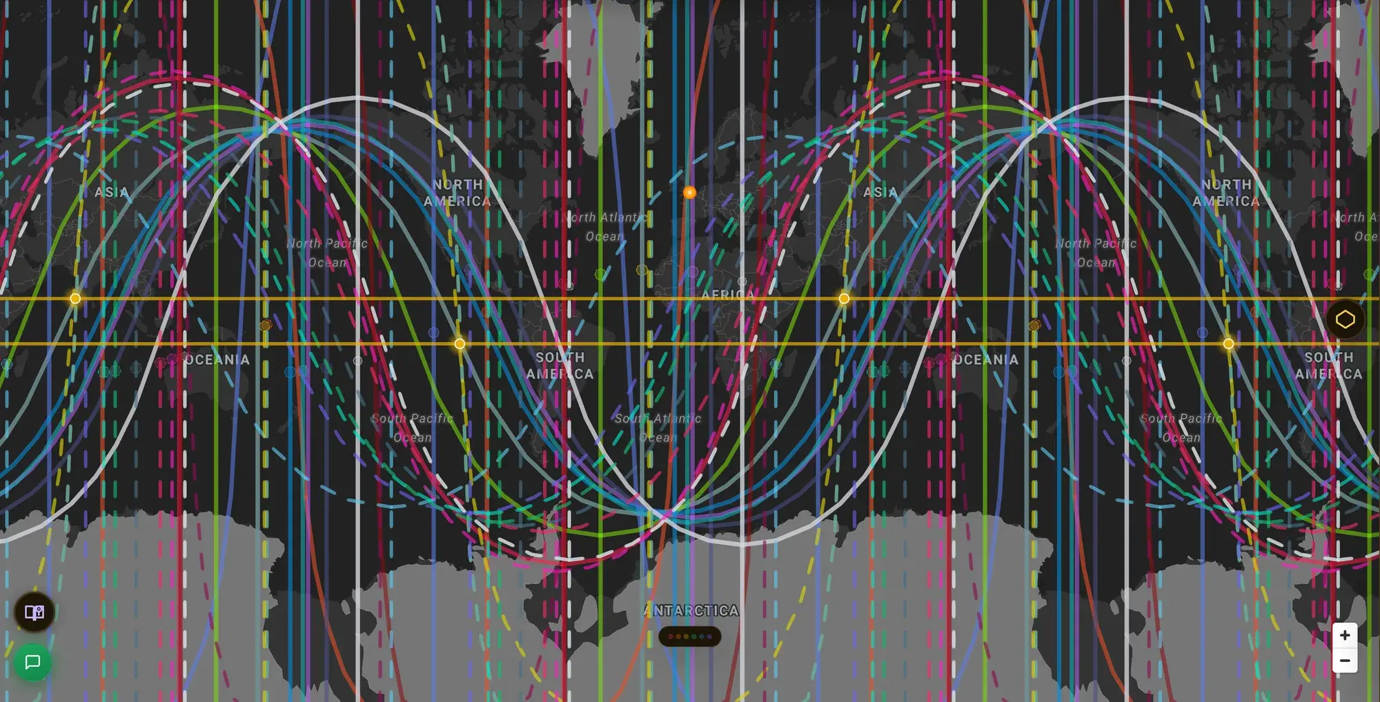 ELA Map in Human Design mode: the globe rendered as HD gate lines from a single bodygraph, replacing the astrological planet lines