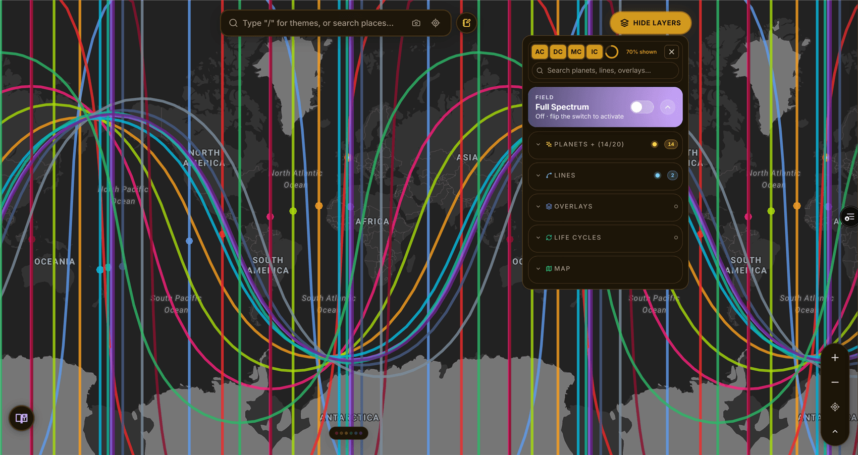 The desktop Layers panel open on ELA Map, showing the AC/DC/MC/IC angle pills, a Full Spectrum field toggle, and disclosure rows for Planets, Lines, Overlays, Life Cycles, and Map