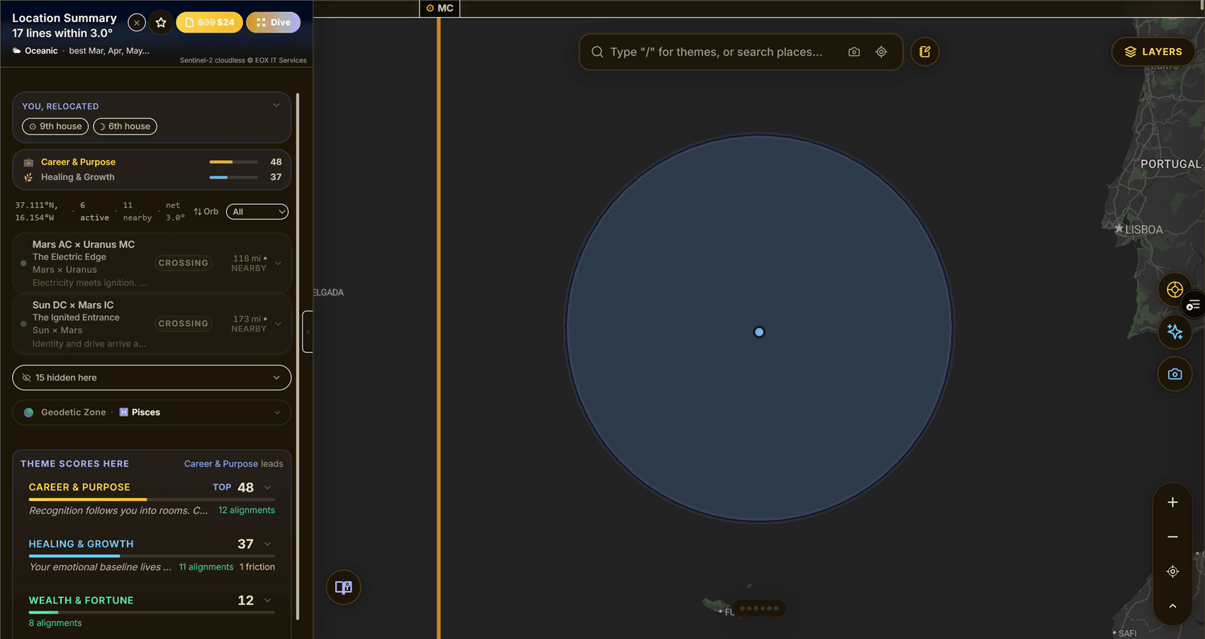The ELA Map location panel open after a click, showing the place header, active vs. nearby line counts, two named crossings with their strength, and theme scores for that spot
