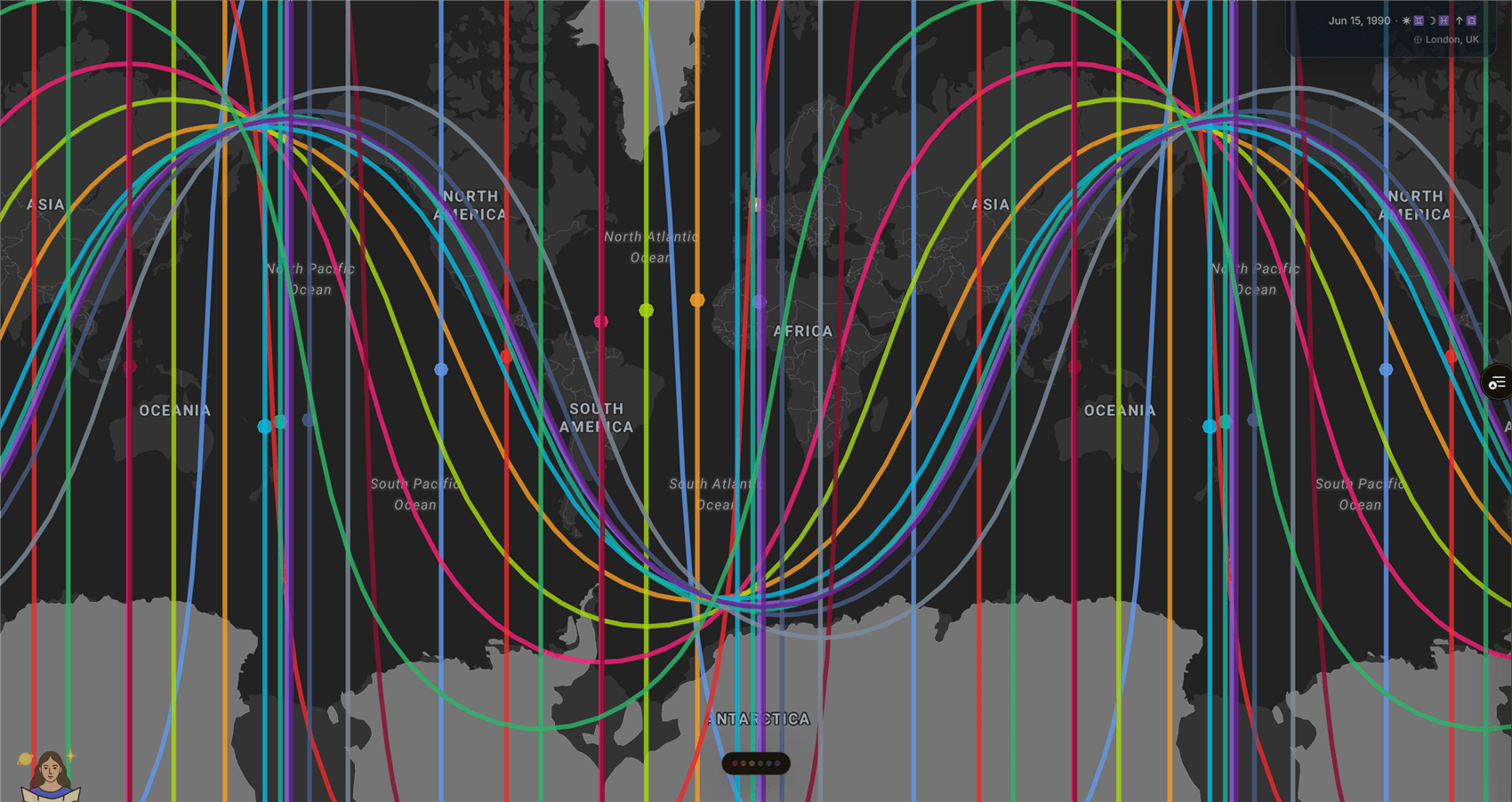 A live ELA Map screenshot of Presentation Mode: the astrocartography globe on a clean full-screen stage with standard chrome hidden and a chart-date readout in the corner, ready for a live reading