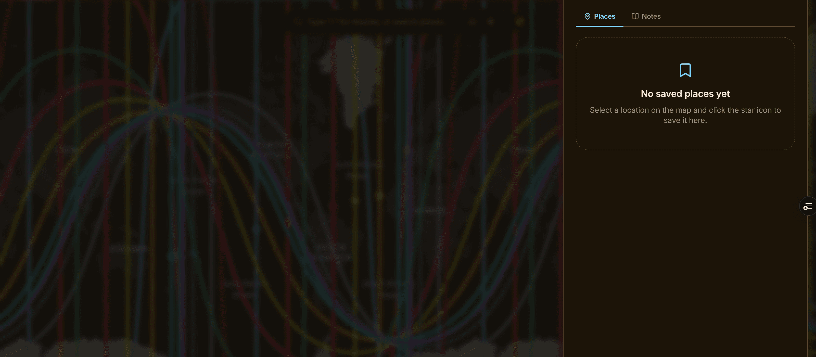 The Places & Notes panel in ELA Map, with Places and Notes tabs and an empty state prompting you to select a location and tap the star to save it here