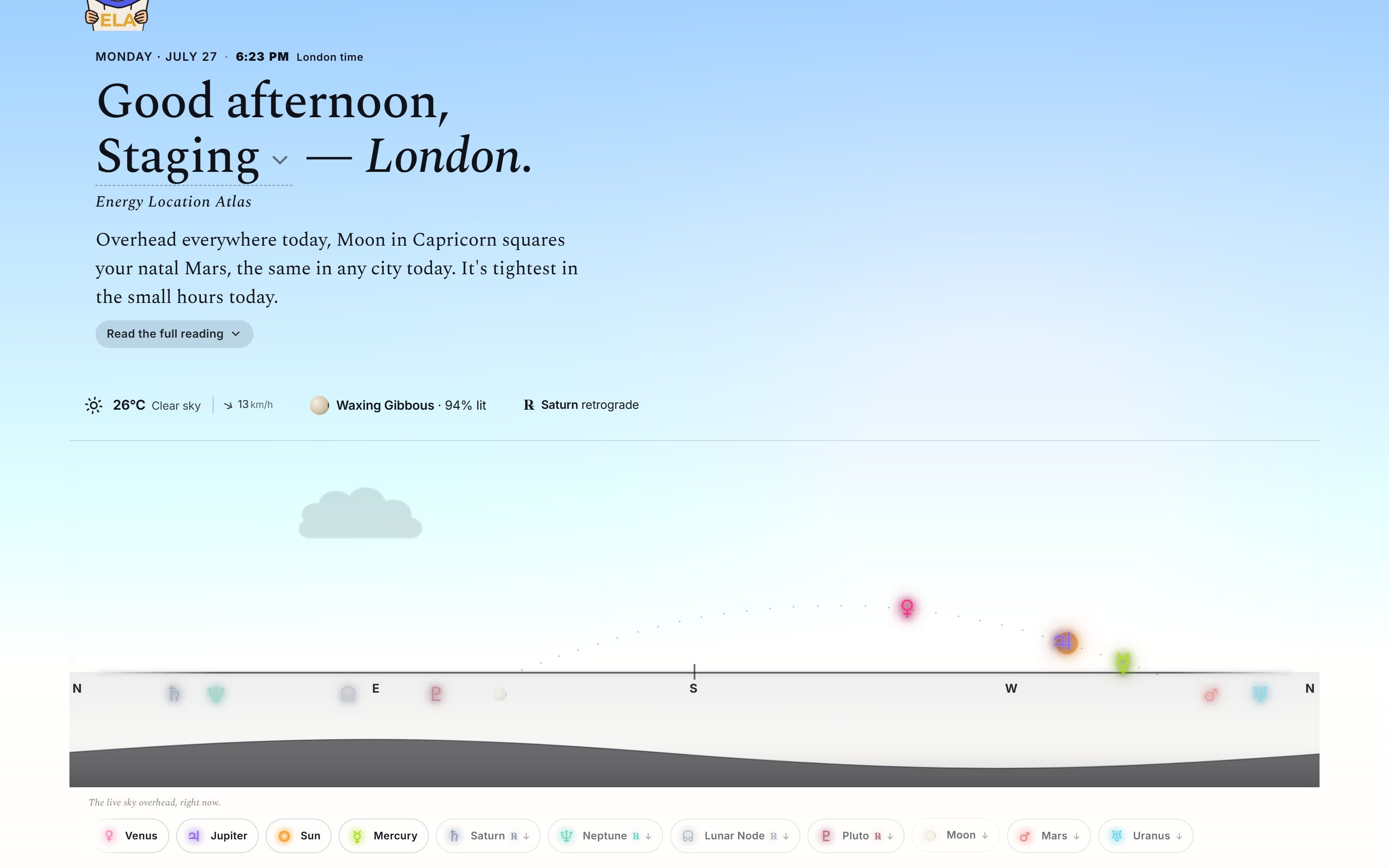 The Today page: a location-aware daily reading under a live rendered sky