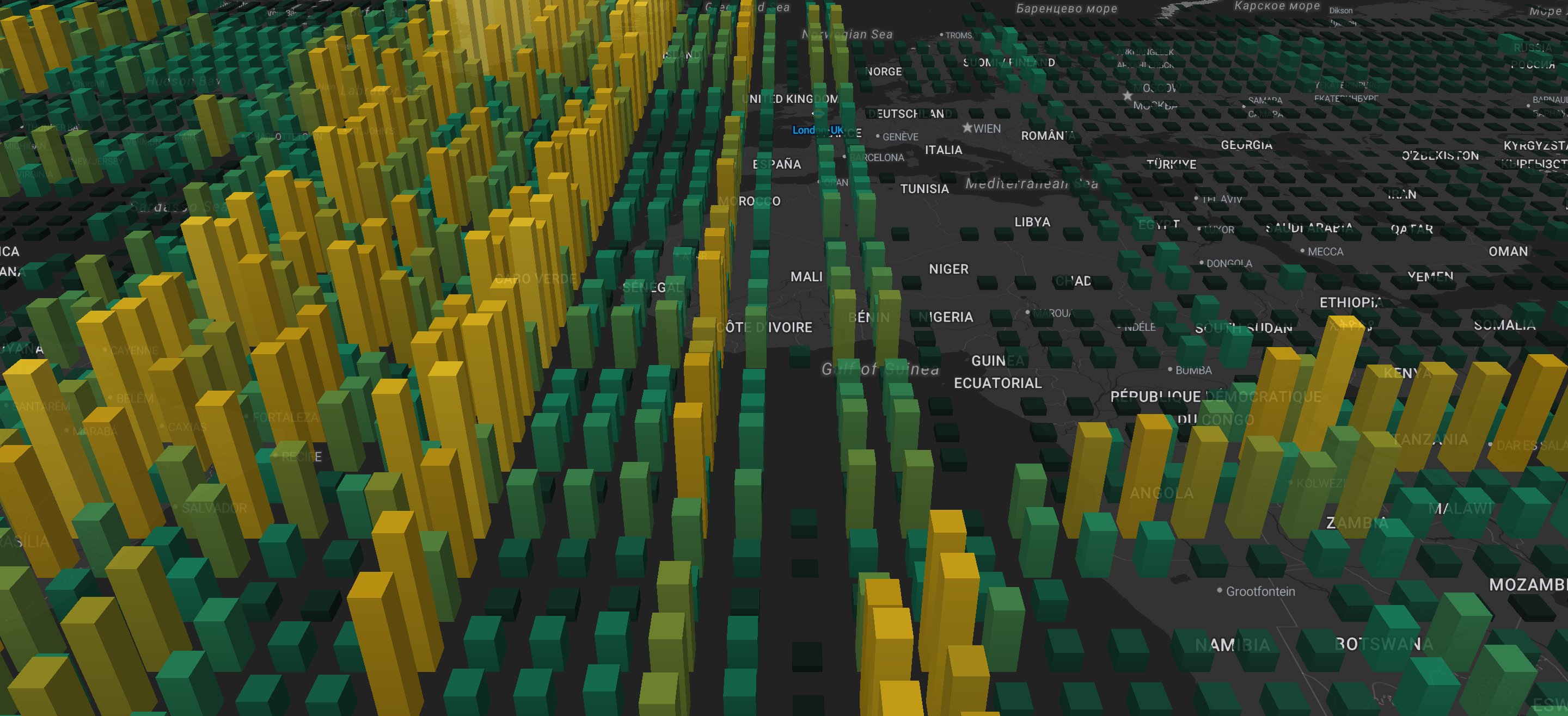 A field of glowing 3D bars in gold and teal rising off a dark world map, height and color both encoding score intensity