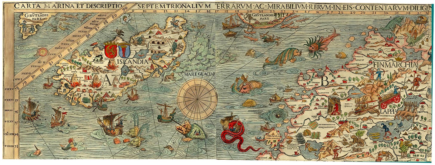Olaus Magnus, Carta Marina, 1539 — a detailed woodcut map of Scandinavia with sea monsters filling the surrounding unmapped ocean