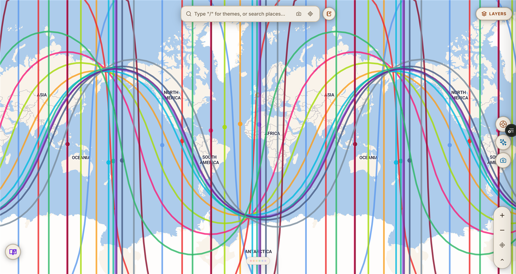 A live ELA Map screenshot in light theme, showing a full birth chart's astrocartography lines sweeping across the globe, every planet drawn as its own rising, setting, overhead, and underfoot line
