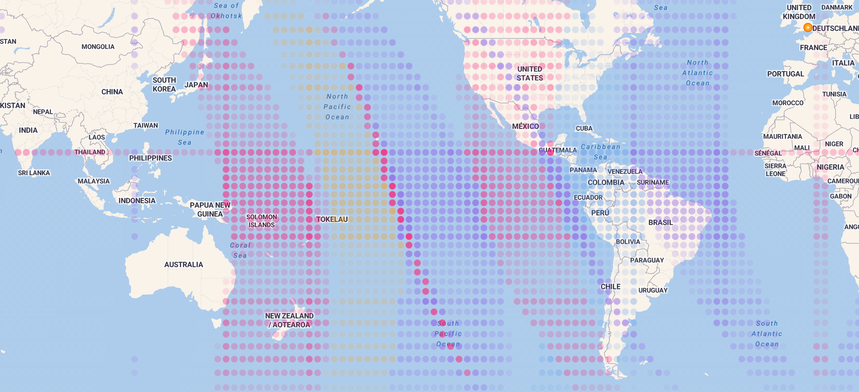 A heatmap rendered as discrete scored points across the Pacific, colored by dominant contributing planet rather than a single blended gradient