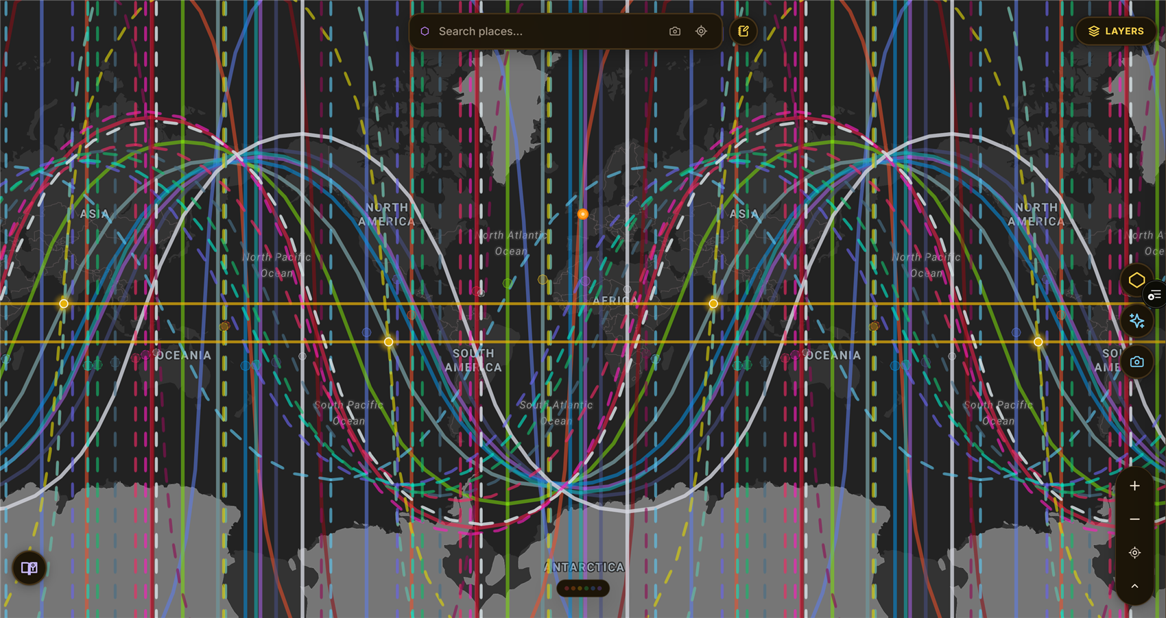 A live ELA Map screenshot of HD Cartography mode: one bodygraph's gate and channel activations drawn as colored lines (dashed and solid) across the whole globe, computed for a real birth chart, with an I Ching gate zone band overlaid