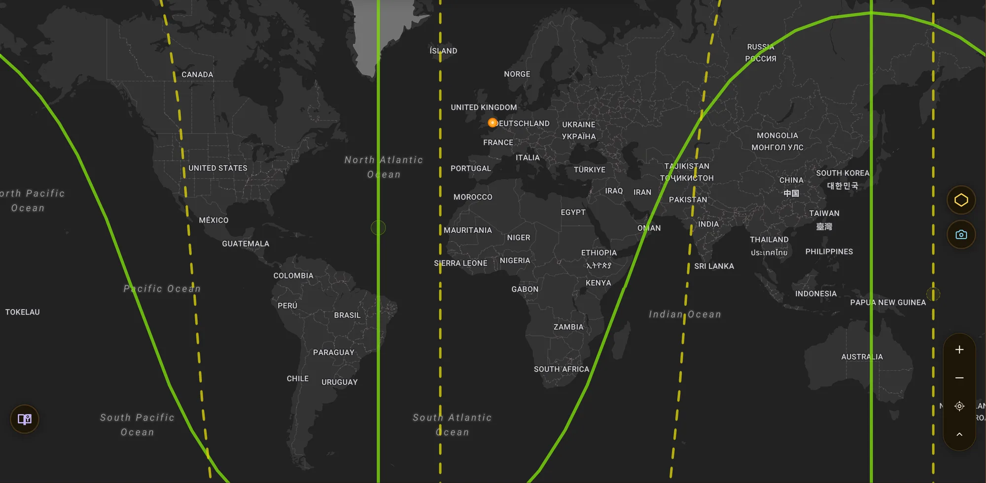 ELA Map in Human Design mode showing only Mercury: the Personality cast drawn as solid lines and the Design cast as dashed lines, the two sets offset across the globe because each cast sits in its own gate