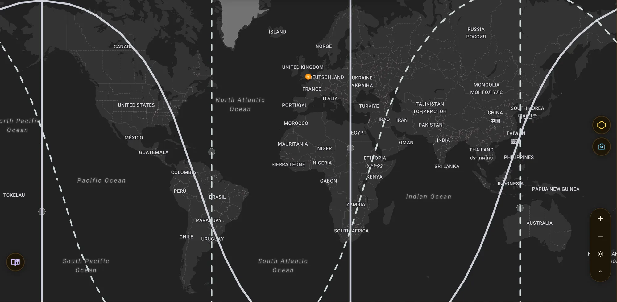ELA Map in Human Design mode showing only the lunar Nodes: Personality cast as solid lines and Design cast as dashed lines, no Chiron lines because Chiron is not part of the Human Design bodygraph