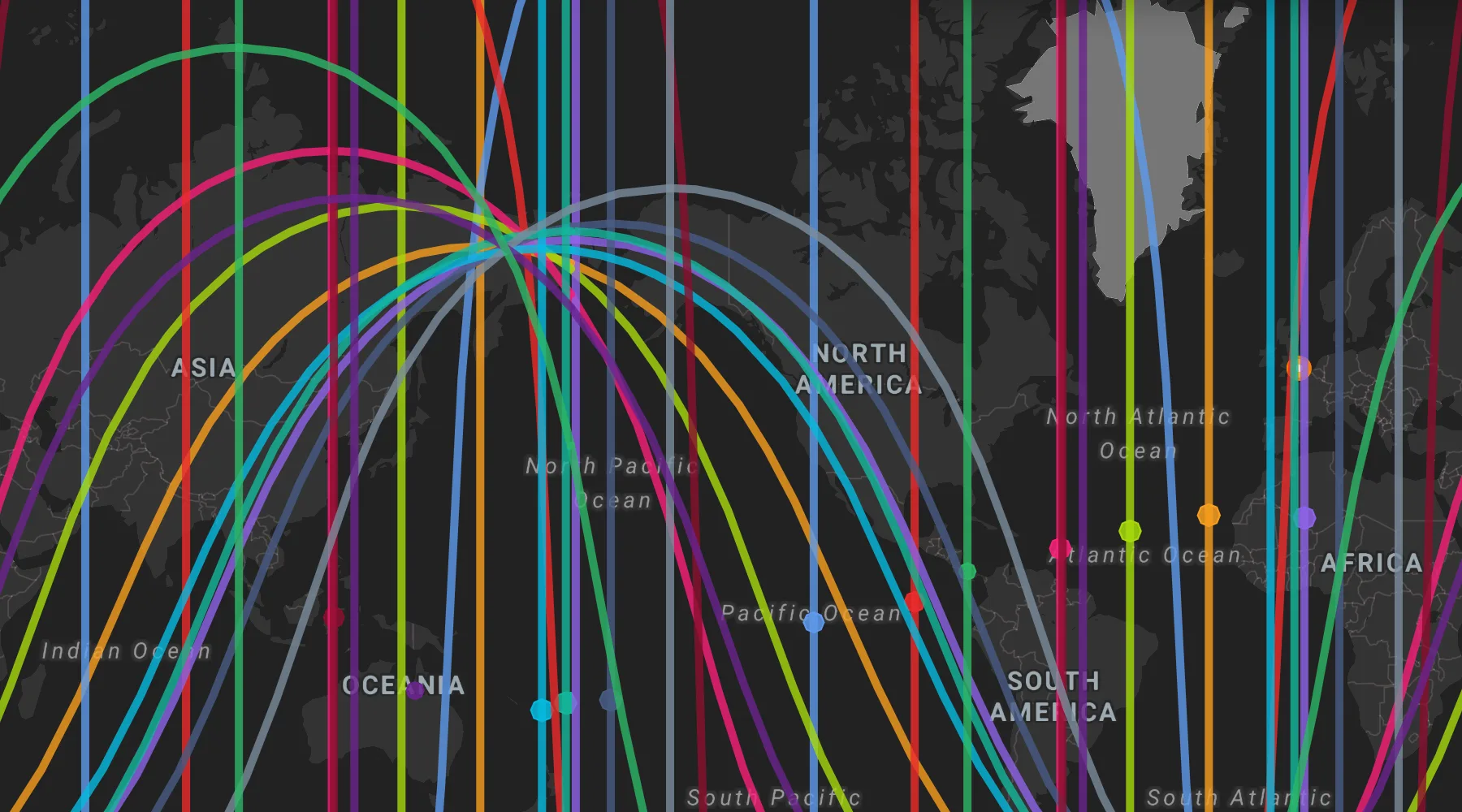 ELA Map showing a full set of astrocartography lines drawn across the whole Earth, every planet in its own color