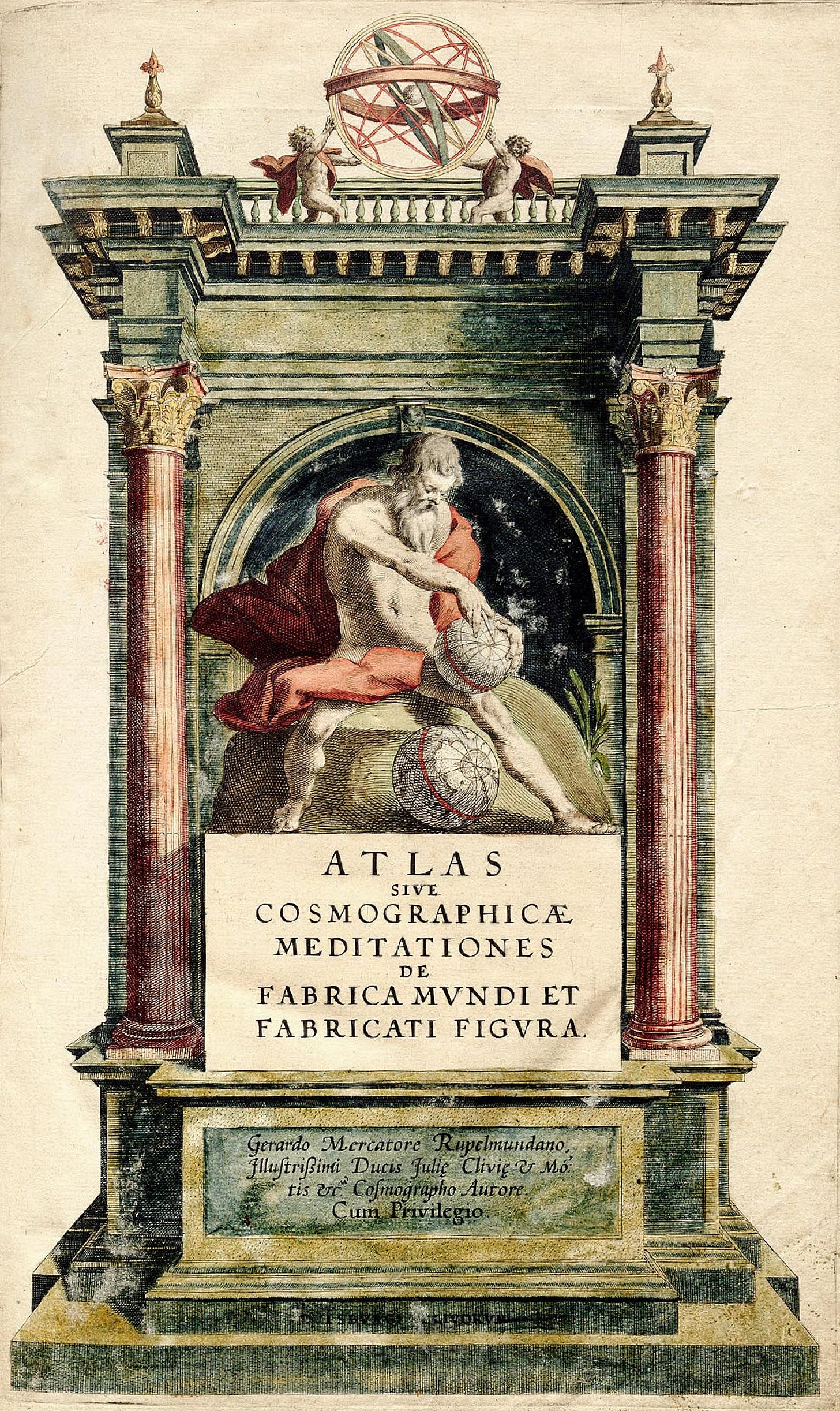 Atlas sive Cosmographicae Meditationes de Fabrica Mundi et Fabricati Figura, Mercator 1595 — the ornate engraved title page of the first book ever called an atlas