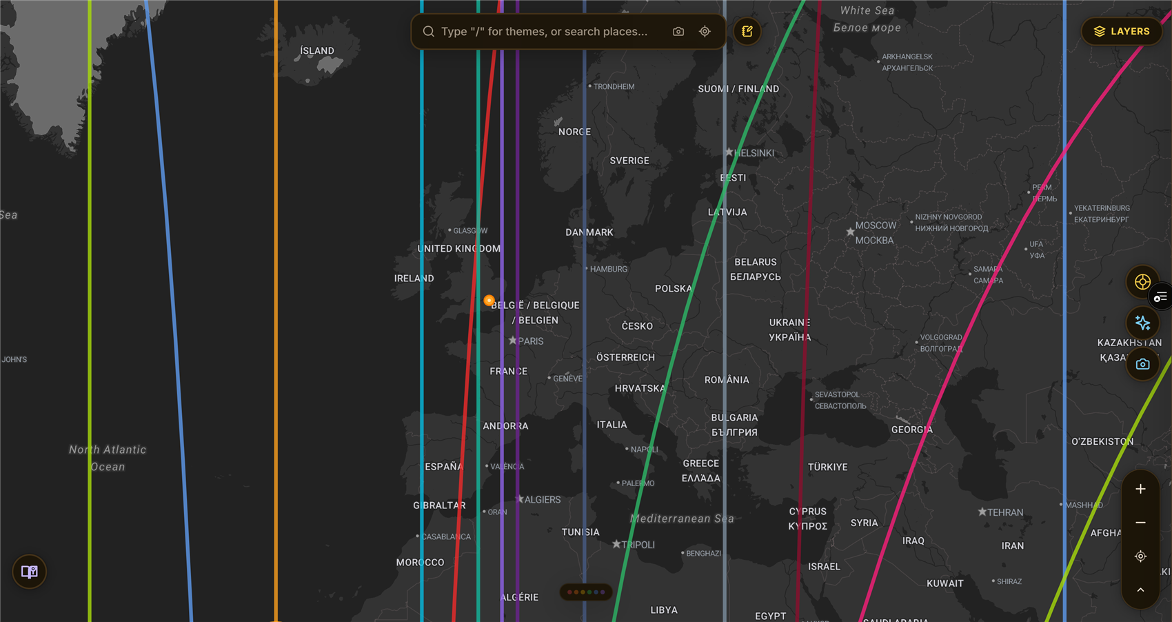 A live ELA Map screenshot zoomed into Europe, several candidate cities visible with multiple planetary lines running through the region, each labeled by country