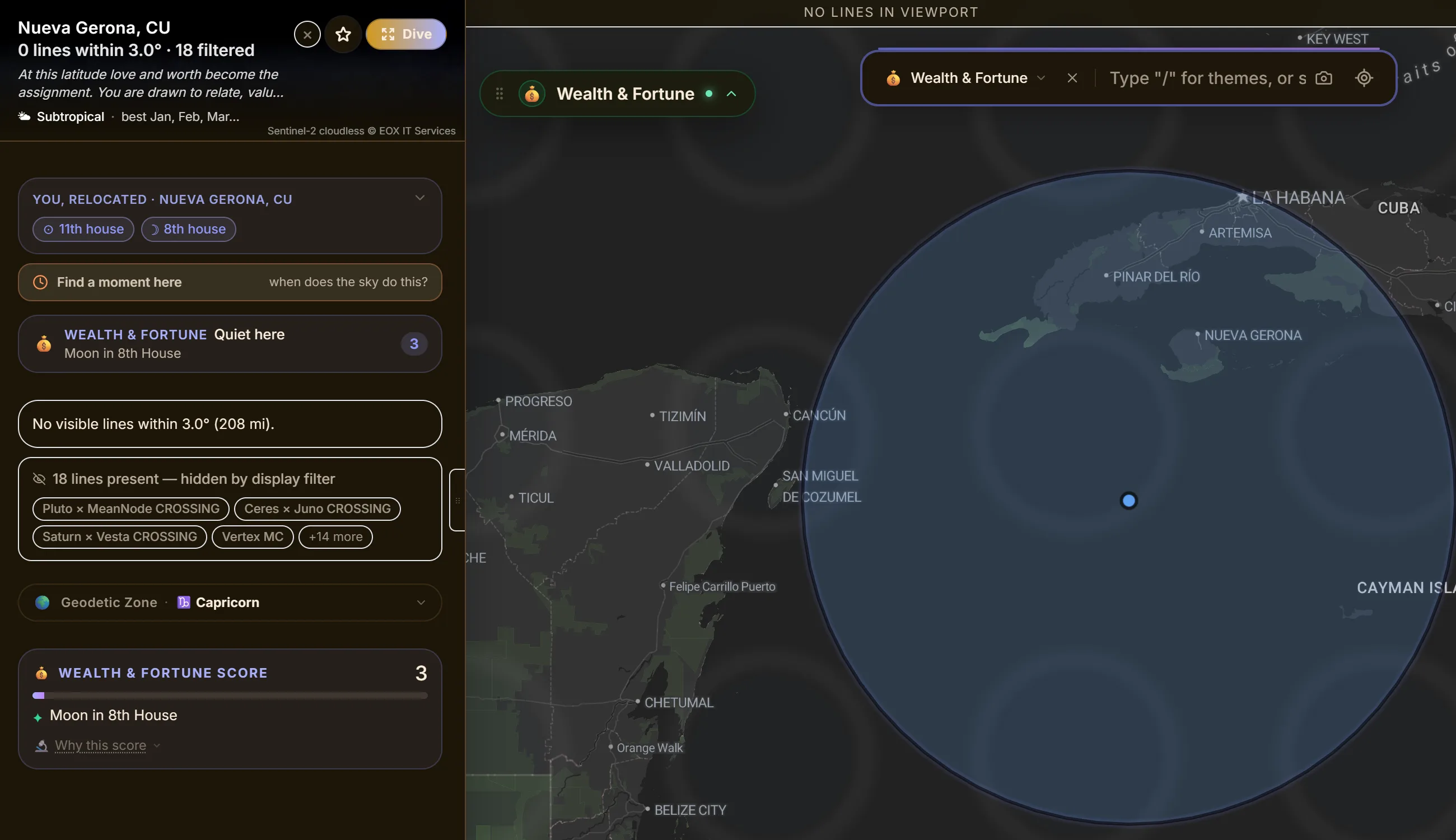 The ELA Map location panel showing a Wealth and Fortune score of 3 with the label Quiet here, a Why this score disclosure naming Moon in 8th House, and a note that no lines fall within three degrees