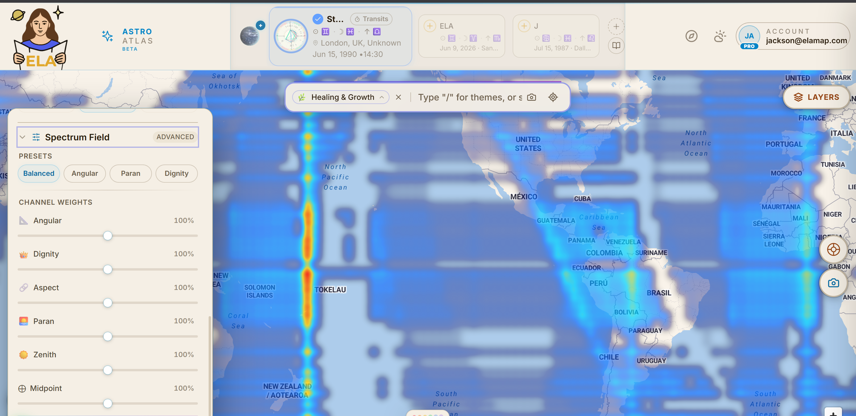 The Spectrum Field control panel in ELA Map, showing six heatmap scoring channels (Angular, Dignity, Aspect, Crossings, Zenith, Midpoint) as adjustable weights over a live heatmap render