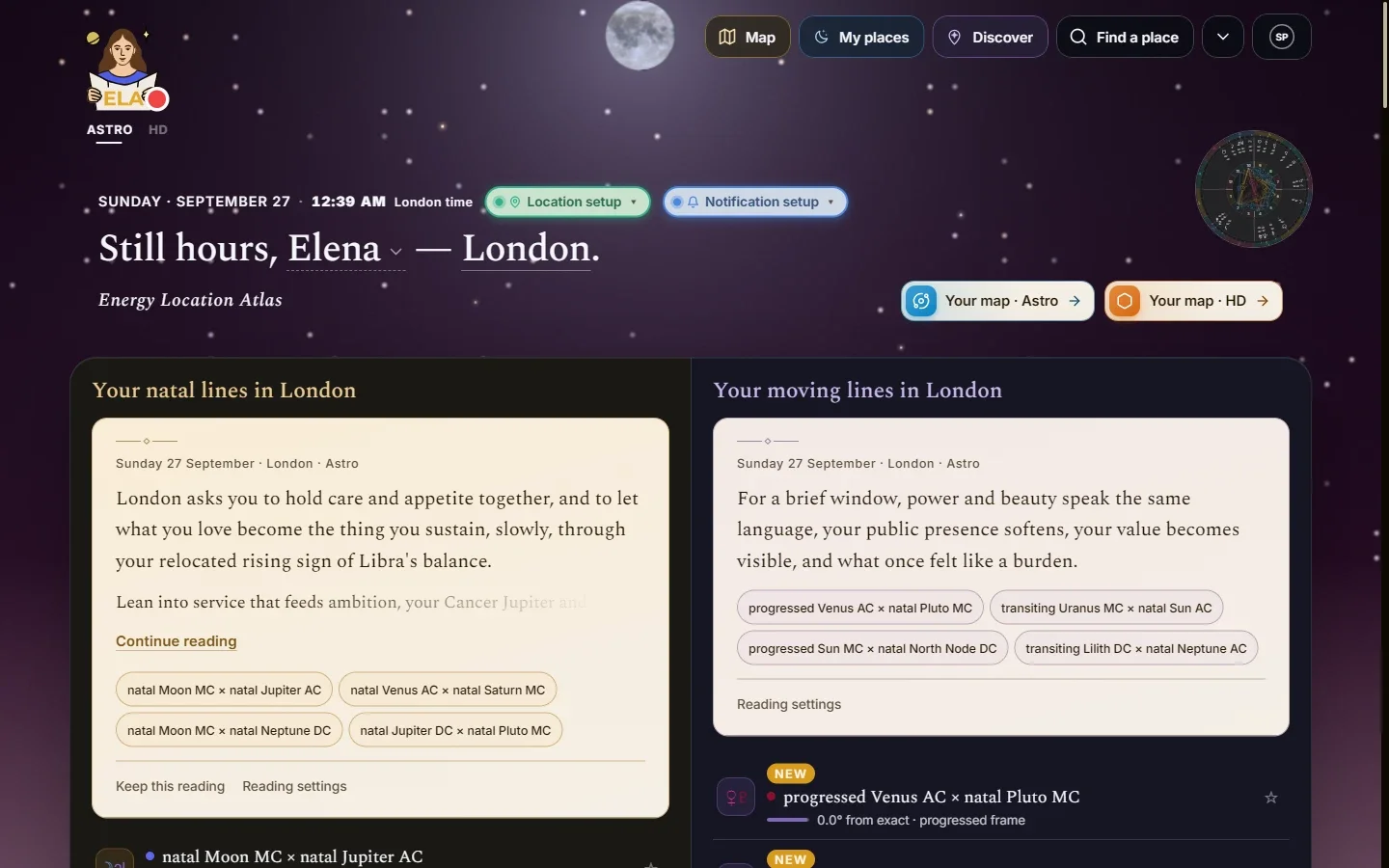 The ELA Map Today page for London, with a read of the natal lines in London beside a read of the moving lines in London, each naming the lines behind it