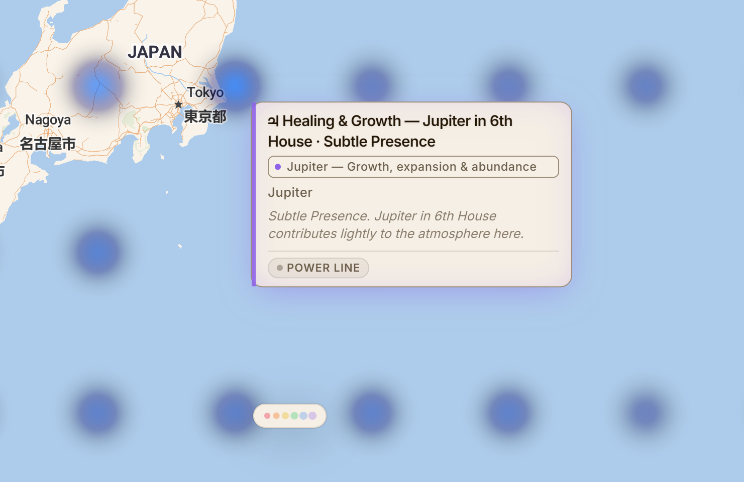 A tooltip on the ELA Map heatmap reading "Healing & Growth — Jupiter in 6th House · Subtle Presence," naming Jupiter as the contributing planet and describing its contribution