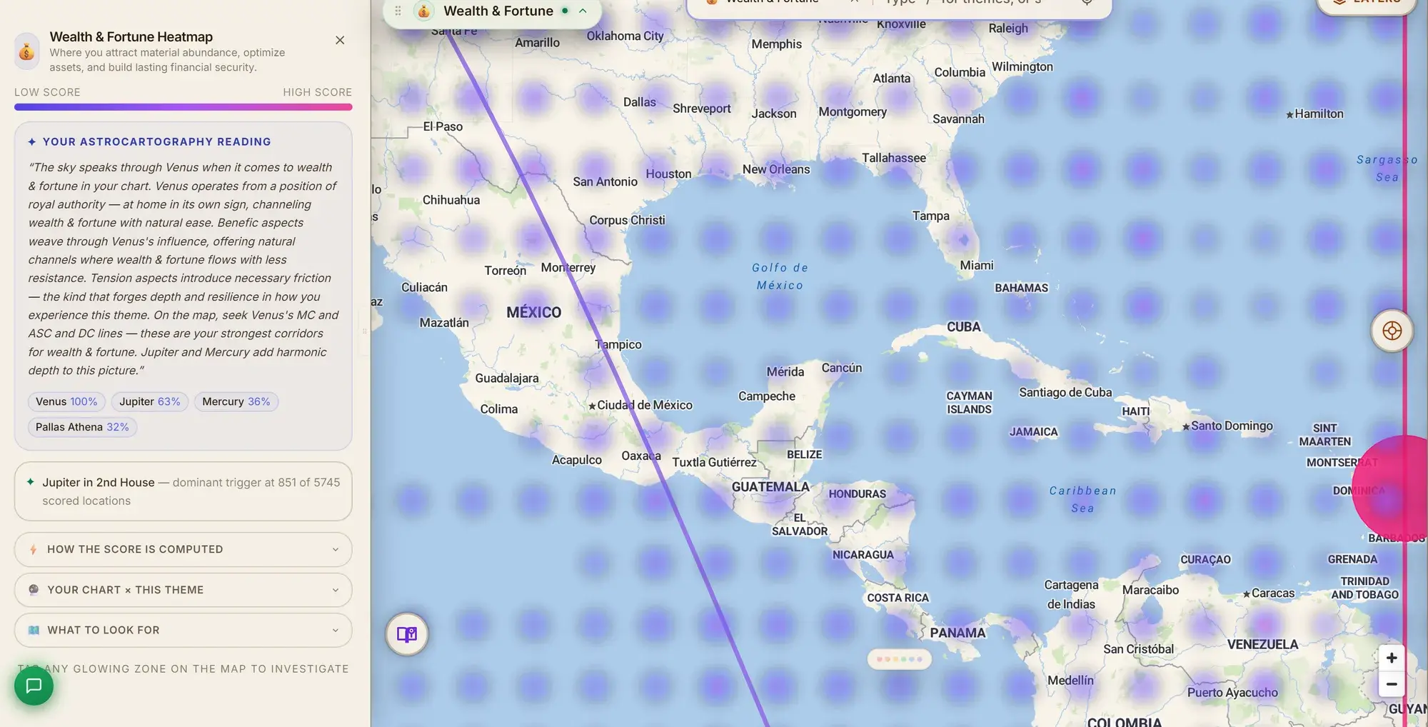 The ELA Map wealth-and-fortune heatmap over the Americas, with a Location Summary panel explaining the astrocartography reading for the selected place