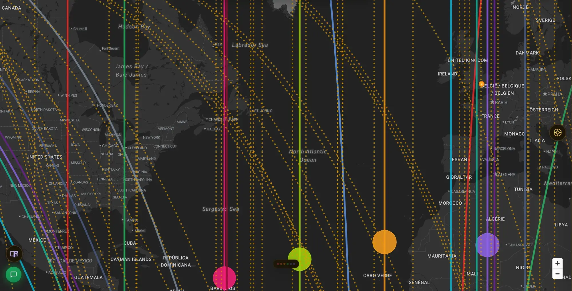 Two natal charts overlaid on the same ELA Map view across the Atlantic, showing where their astrocartography lines intersect